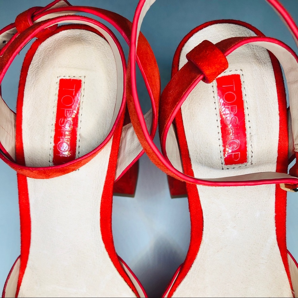 TopShop Suede Red Scarlet Chunky Platform Heels - Picture 11 of 13